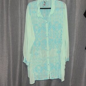 Johnny Was turquoise Sheer Button Down Shirt
